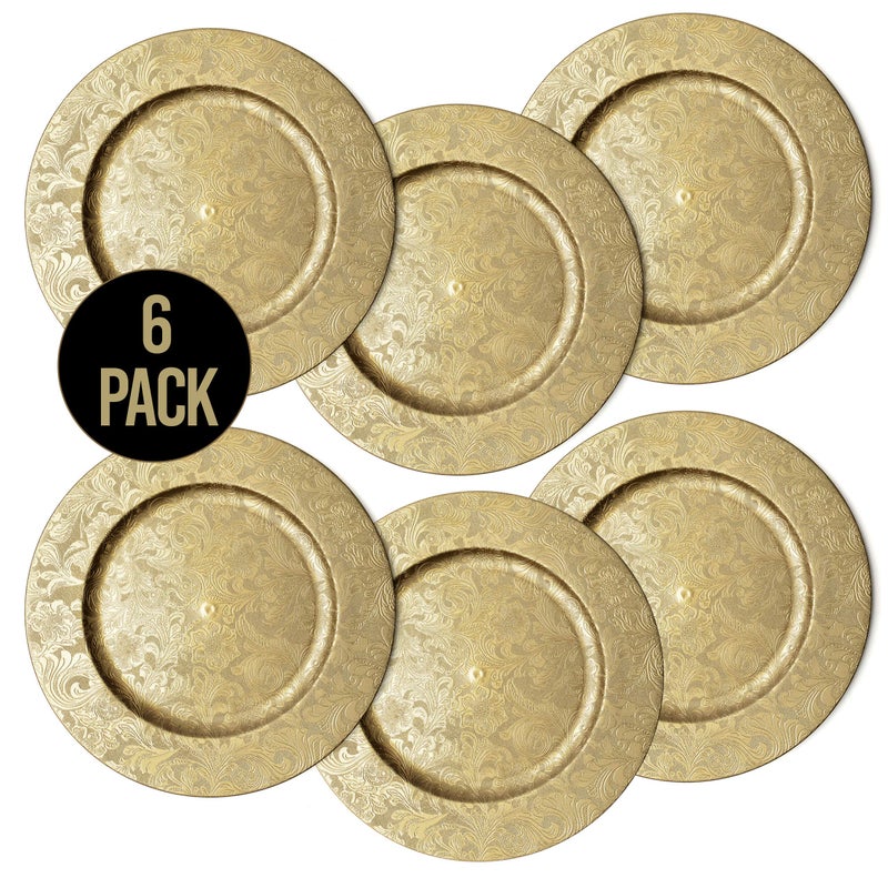 CHATEAU FINE TABLEWARE Gold Floral Charger Plates - 13-Inch Elegant Chargers - Set of 6 - For Small to Regular-Size Dinnerware & Soup Bowls - Suitable for Weddings, Parties, Anniversary, Thanksgiving - Image 2